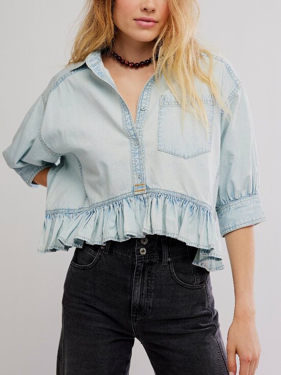 Free People Tops - Free People Light Blue Ruffle Hem Denim Button-Down Top